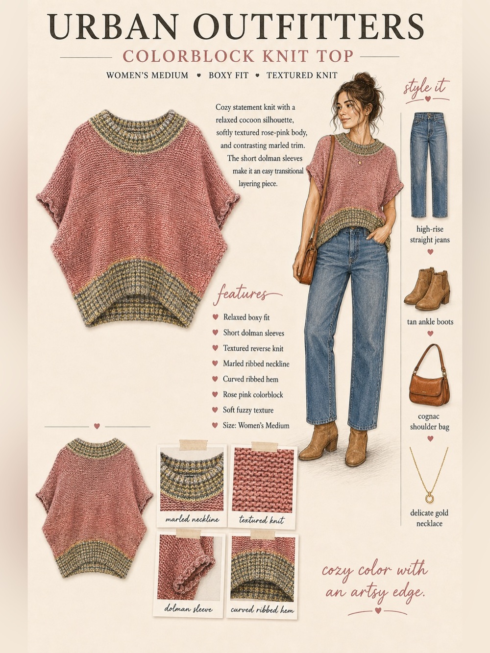 Urban Outfitters Colorblock Chunky Knit Dolman Top Pink Medium